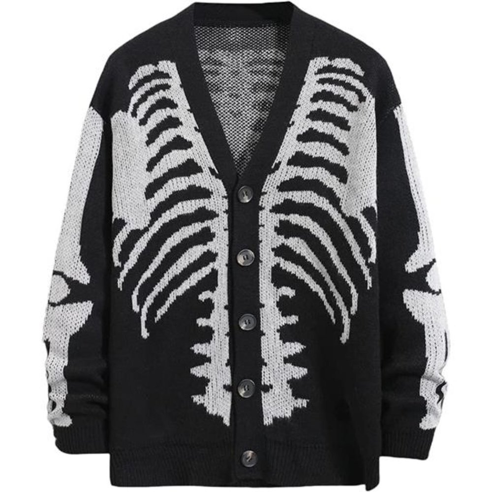 Men's V-Neck Skeleton Print Long Sleeve Cardigan Sweaters, Black